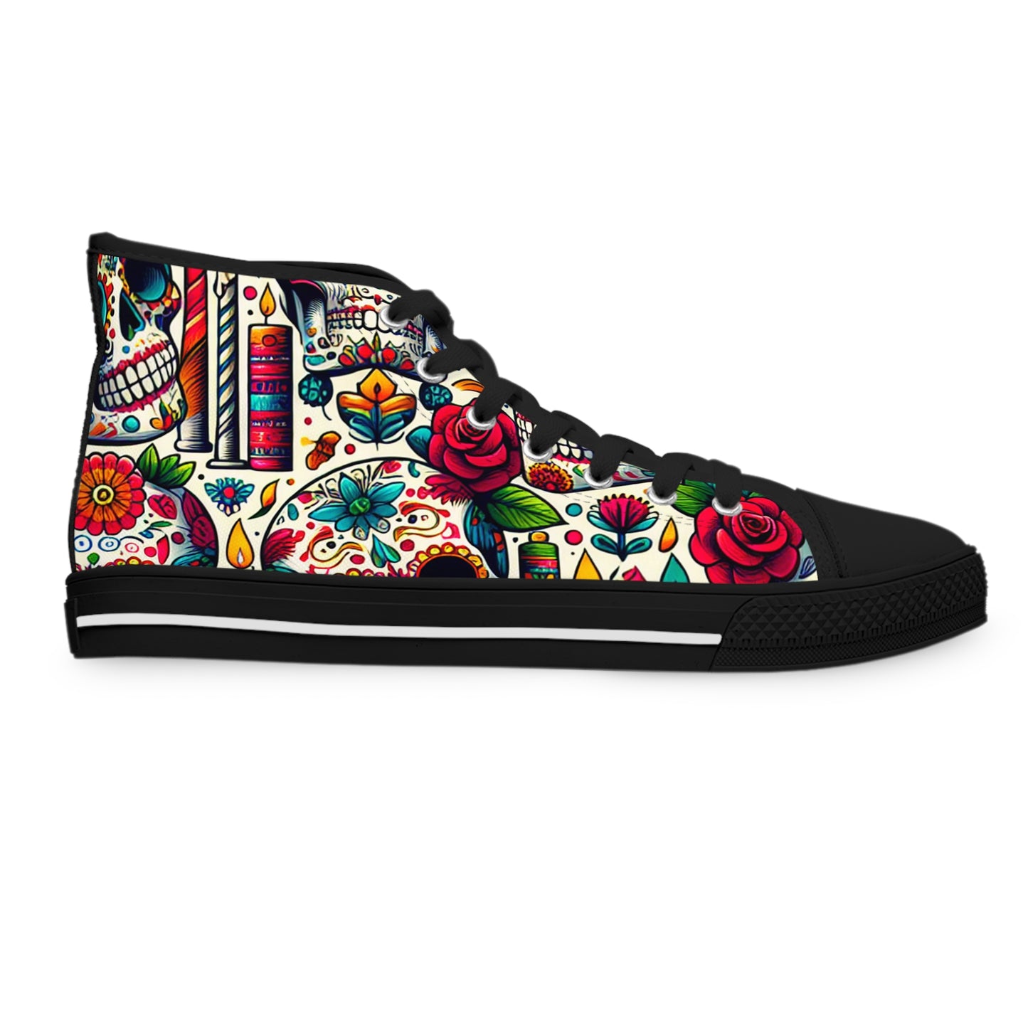 "Day of the Dead Delights: Colorful High-Top Sneakers Embellished with Vibrant Skulls and Floral Patterns"- High Top Trainers Fashion Sneakers