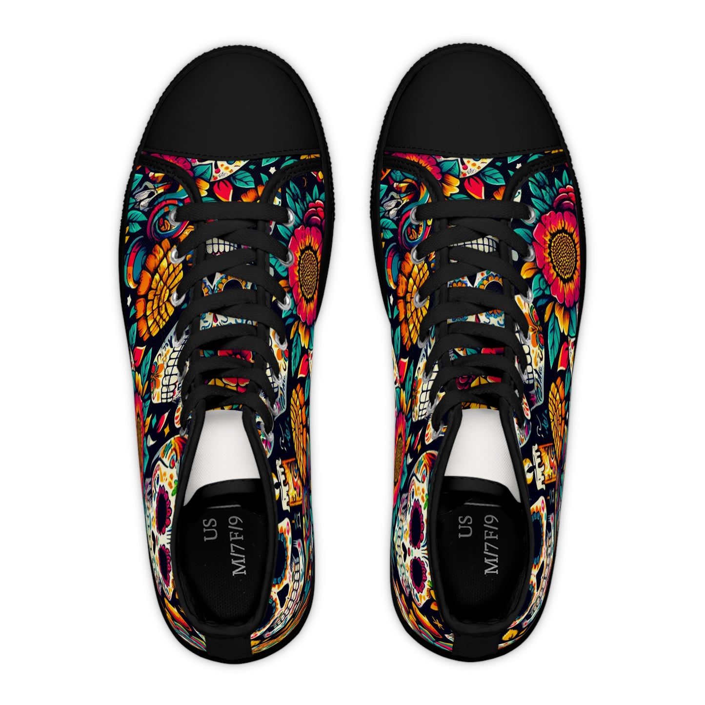 Introducing the "Fiesta Skulls" High-Top Sneaker - a celebration of vibrant Mexican art and tradition. Rock this bold and colorful footwear, inspired by the Day of the Dead festival- High Top Trainers Fashion Sneakers