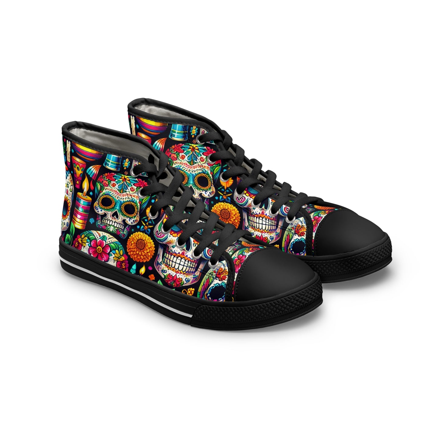 "Introducing 'Carnaval de los Muertos': The Festive High-Top Sneaker featuring a Vibrant Day of the Dead Textile Pattern. Celebrate life and culture with every- High Top Trainers Fashion Sneakers