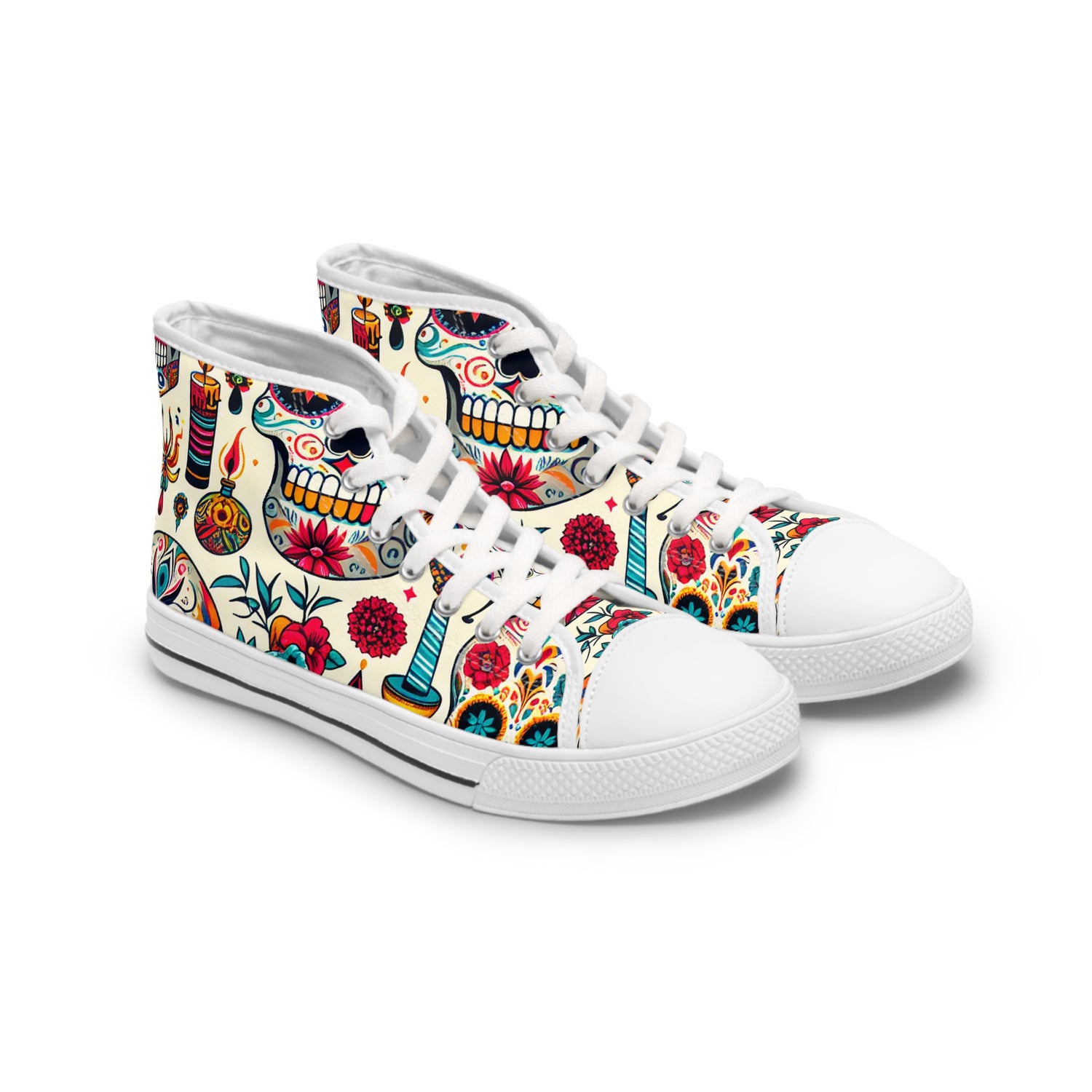 "Skull Fiesta: A Colorful Celebration of Life High-Top Sneaker - Featuring Vibrant Traditional Mexican Artistry and Dynamic Designs Perfect for Any Modern Look!"- High Top Trainers Fashion Sneakers