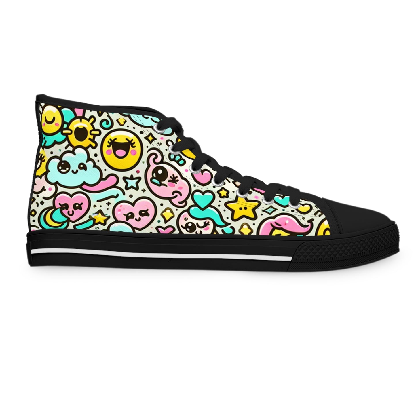 "Introducing Emoticon Express: The Ultimate High-Top Sneaker with a Fun and Vibrant Emojis and Hearts Print, Perfect for Kids and Kids-at-Heart Everywhere!" - High Top Trainers Fashion Sneakers