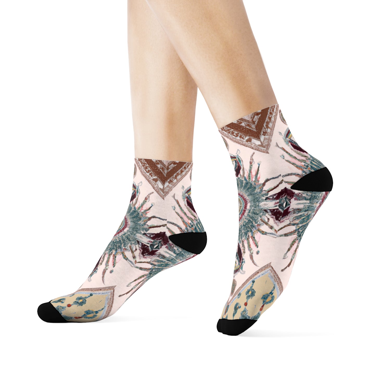 "Boho Chic: Earth Toned Crew Socks with Intricate Mandala and Tassel Motifs" - Men and Women Crew Socks Combed Athletic Sports Casual Classic