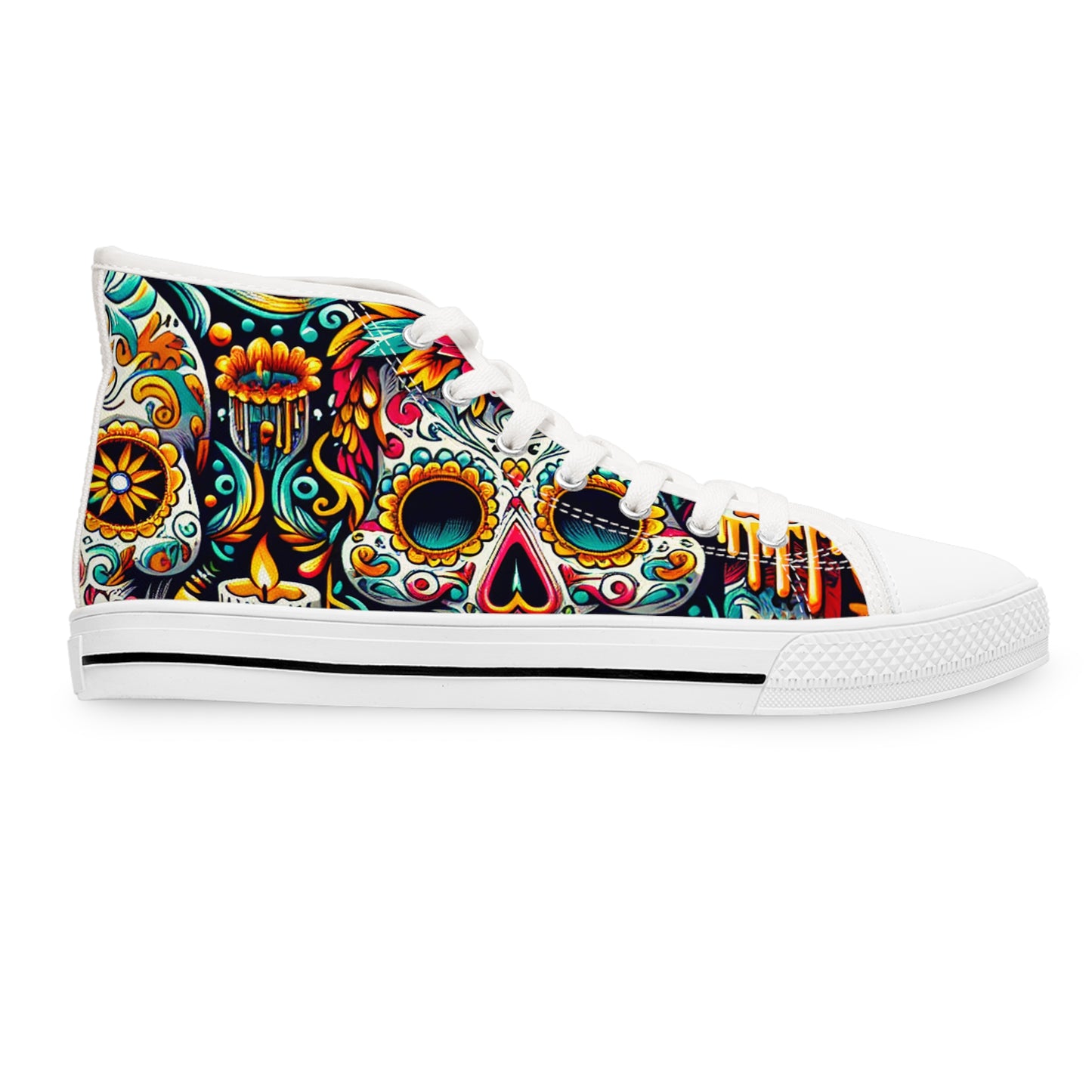 "Deadly Splendor: Day of the Dead High-Top Sneakers - Celebrate Life with Colorful Stylized Skulls and Vibrant Mexican Art Motifs" - High Top Trainers Fashion Sneakers