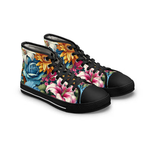 "Floral Frenzy: Vivacious High-Top Sneakers with Meticulously Detailed Flower Patterns in Vibrant Shades of Pink, Blue, Yellow, and Green - Perfect for Contemporary Text - High Top Trainers Fashion Sneakers