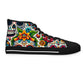 "Vibrant Calaveras: A Mexican-Inspired High-Top Sneaker Featuring a Festive Day of the Dead Textile Pattern with Bright Colors, Traditional Motifs, and Symbol- High Top Trainers Fashion Sneakers