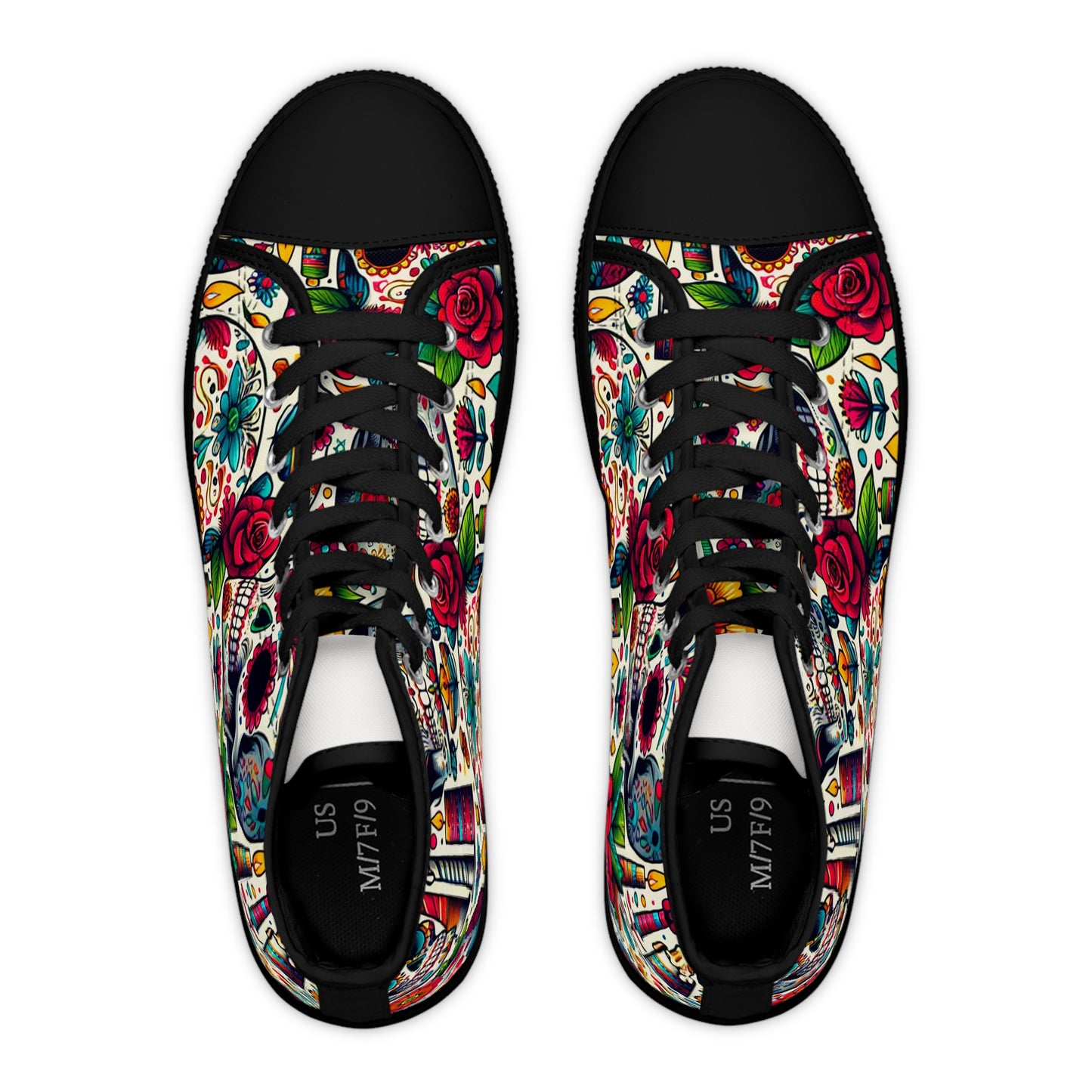 "Day of the Dead Delights: Colorful High-Top Sneakers Embellished with Vibrant Skulls and Floral Patterns"- High Top Trainers Fashion Sneakers