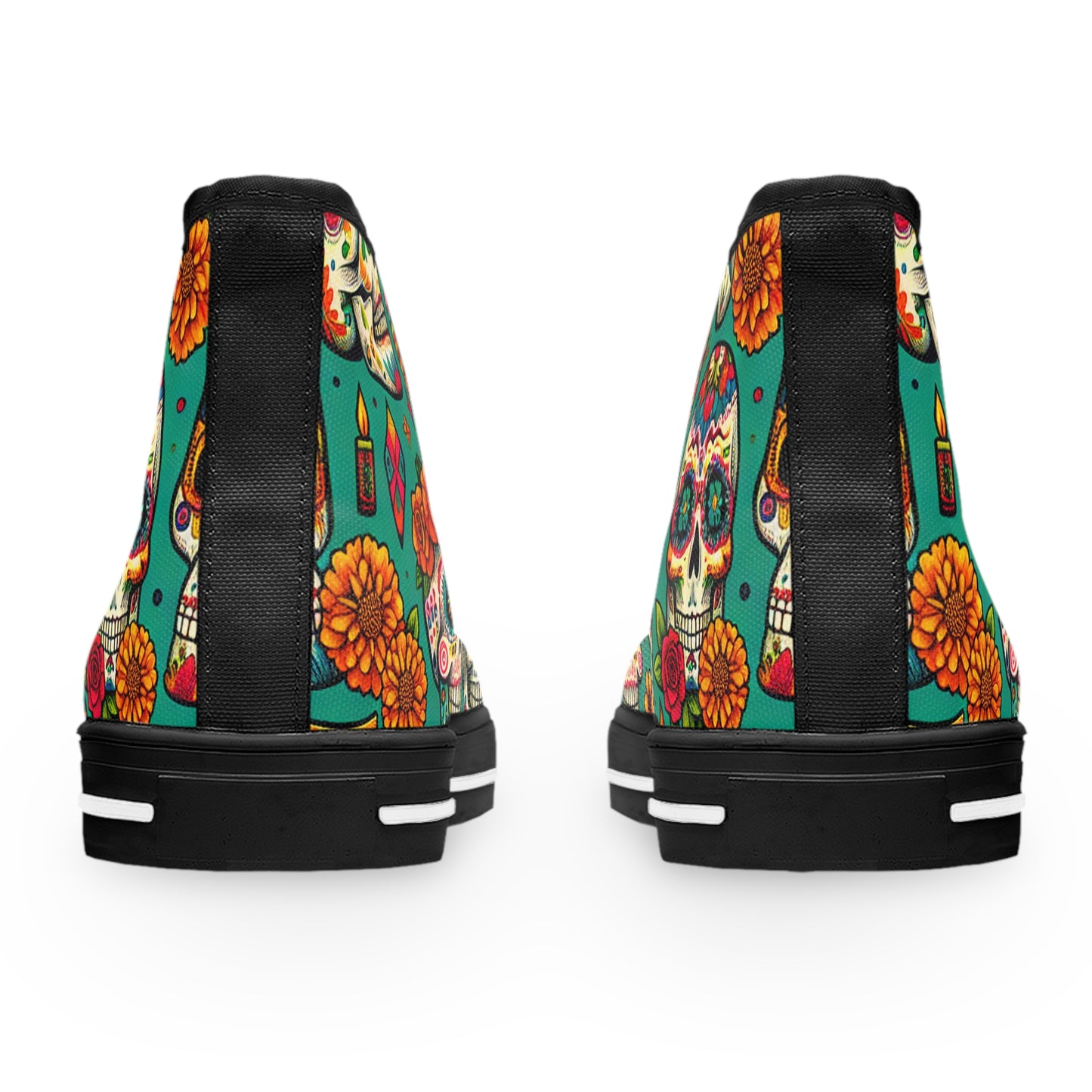 "Soleful Spirits: Celebrate Life with our Day of the Dead High-Top Sneakers! Featuring an alluring textile pattern of vibrant, decorated skulls adorned with traditional floral designs and detailed line - High Top Trainers Fashion Sneakers