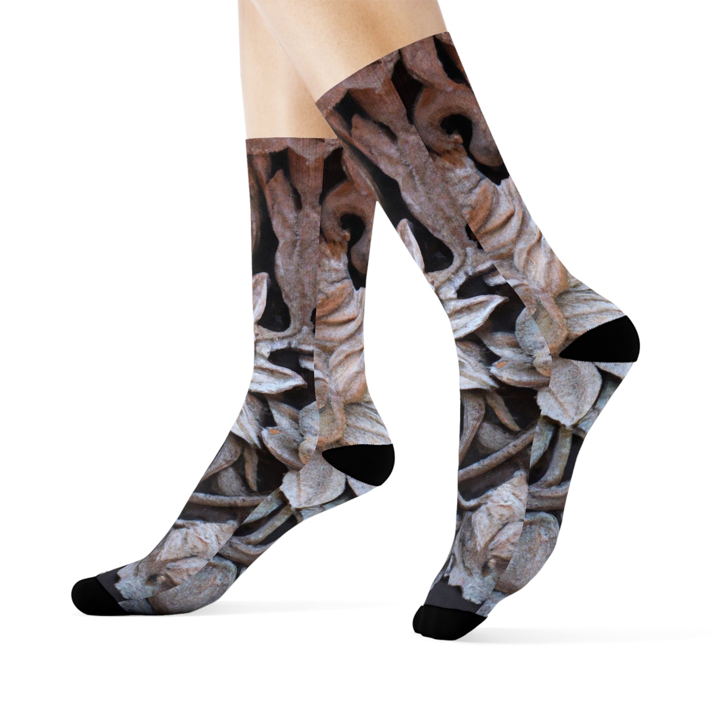 "Temple Treasures: Lotus Blossom Crew Socks with Balinese Stone Carving Print" - Men and Women Crew Socks Combed Athletic Sports Casual Classic