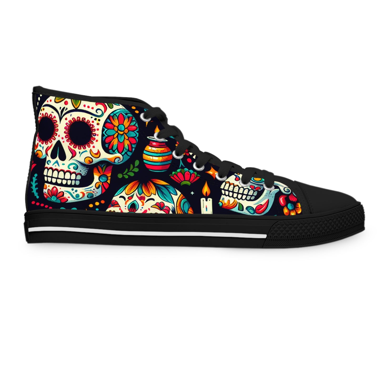 "Introducing the "Dia de los Muertos" High-Top Sneaker: Vibrant and Bold Celebratory Skulls Meet Classic Mexican Artistry. Step into the colorful traditions and vibrant energy- High Top Trainers Fashion Sneakers