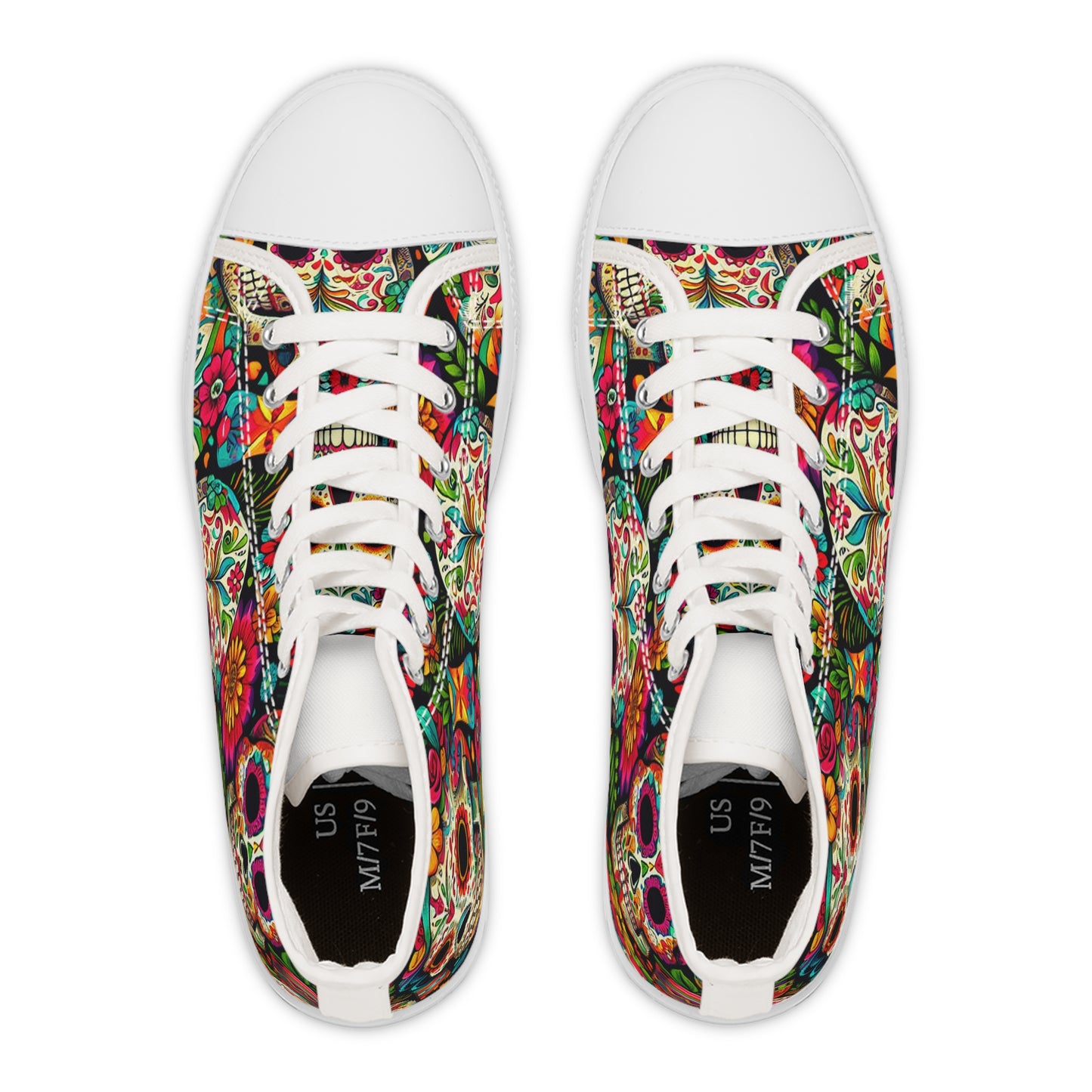 "Introducing the Día de los Muertos High Tops: A Bold and Vibrant Celebration of Life! Our eye-catching sneaker features a lively pattern of Mexican skulls adorned with intricate floral designs- High Top Trainers Fashion Sneakers