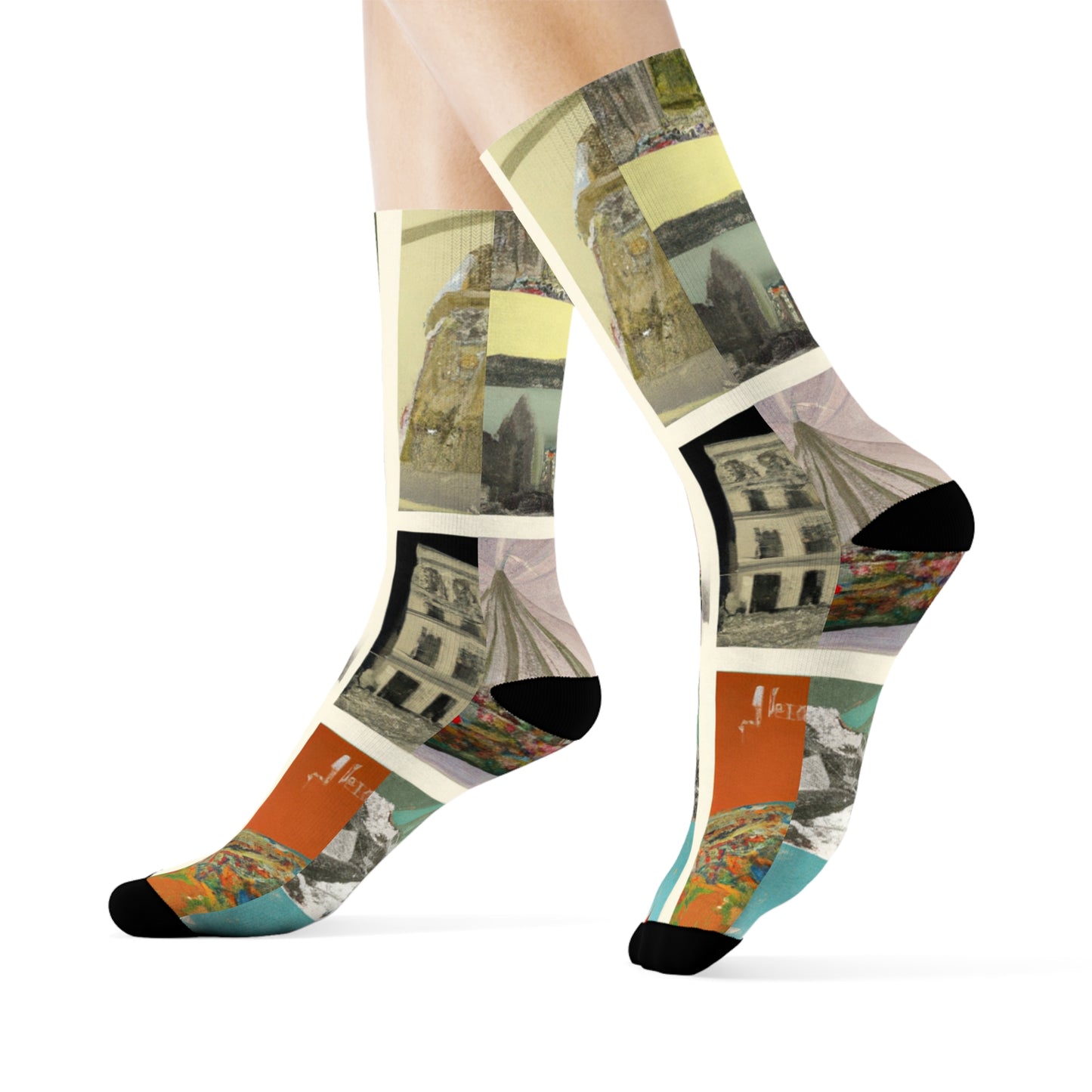 "Global Adventures Crew Socks: Vintage Postcard Textile with Landmark Inspirations from Around the World" - Men and Women Crew Socks Combed Athletic Sports Casual Classic