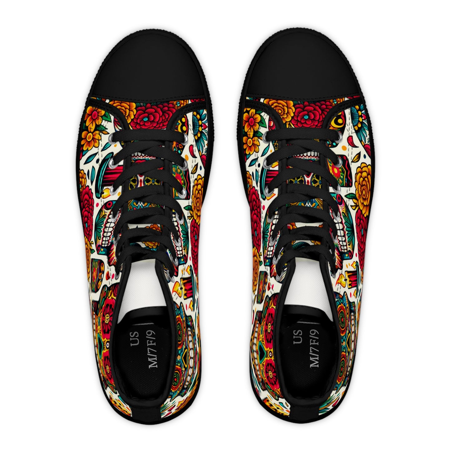 "Calavera Classics: A Colorful High-Top Sneaker Inspired by Day of the Dead Skulls and Traditional Textile Designs"- High Top Trainers Fashion Sneakers