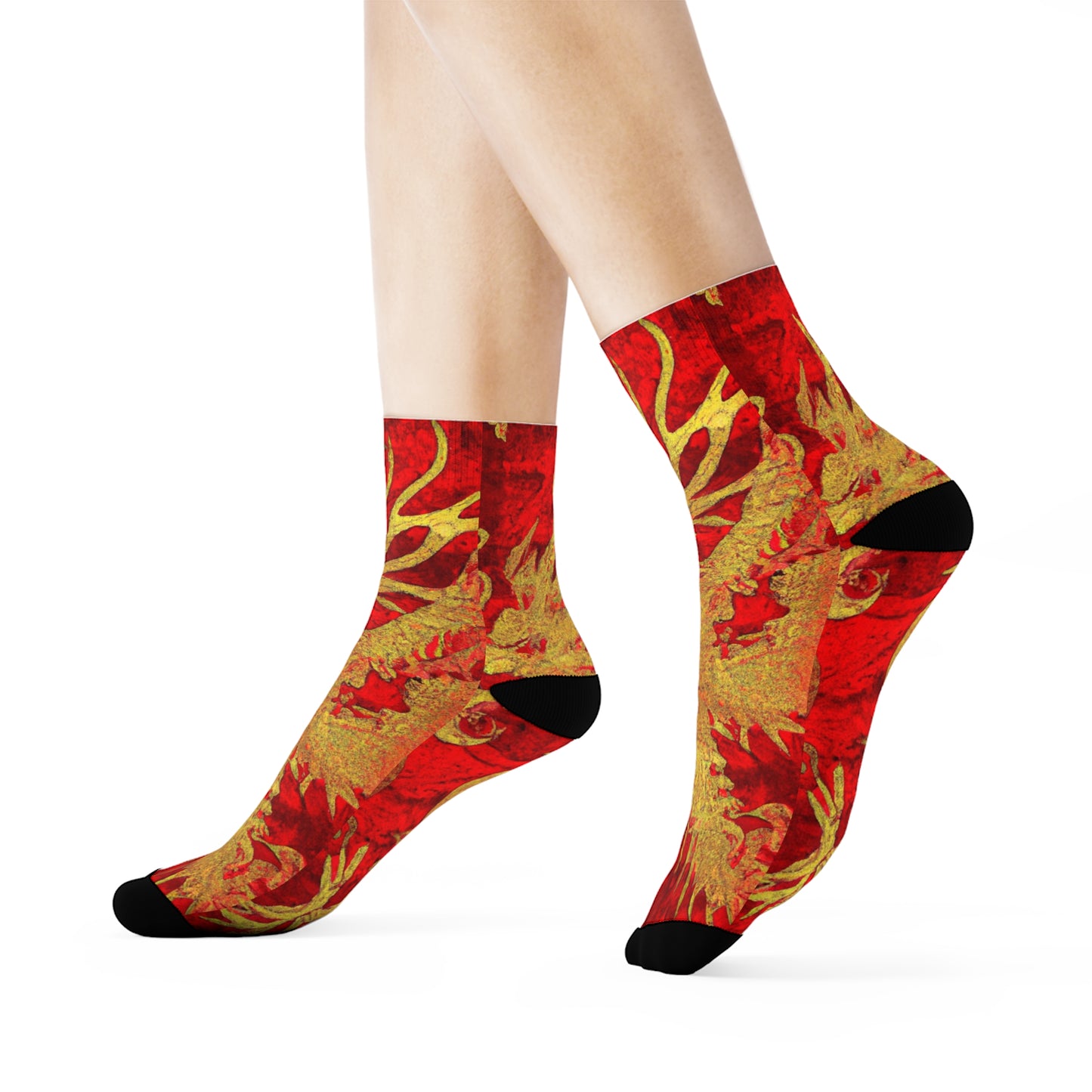 "Crimson & Gold Dragon Phoenix Crew Socks: A Fusion of Eastern Elegance and Mythical Inspiration" - Men and Women Crew Socks Combed Athletic Sports Casual Classic