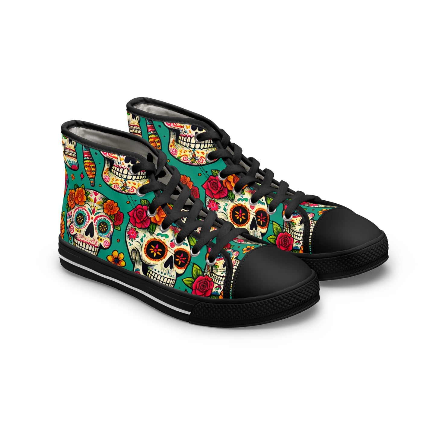 "Soleful Spirits: Celebrate Life with our Day of the Dead High-Top Sneakers! Featuring an alluring textile pattern of vibrant, decorated skulls adorned with traditional floral designs and detailed line - High Top Trainers Fashion Sneakers