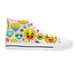 "Emojo High-Tops: Infuse your steps with joy and playfulness through vibrant emoji-inspired design! Featuring a delightful textile pattern of animated faces, hearts, stars, and rainbows - High Top Trainers Fashion Sneakers