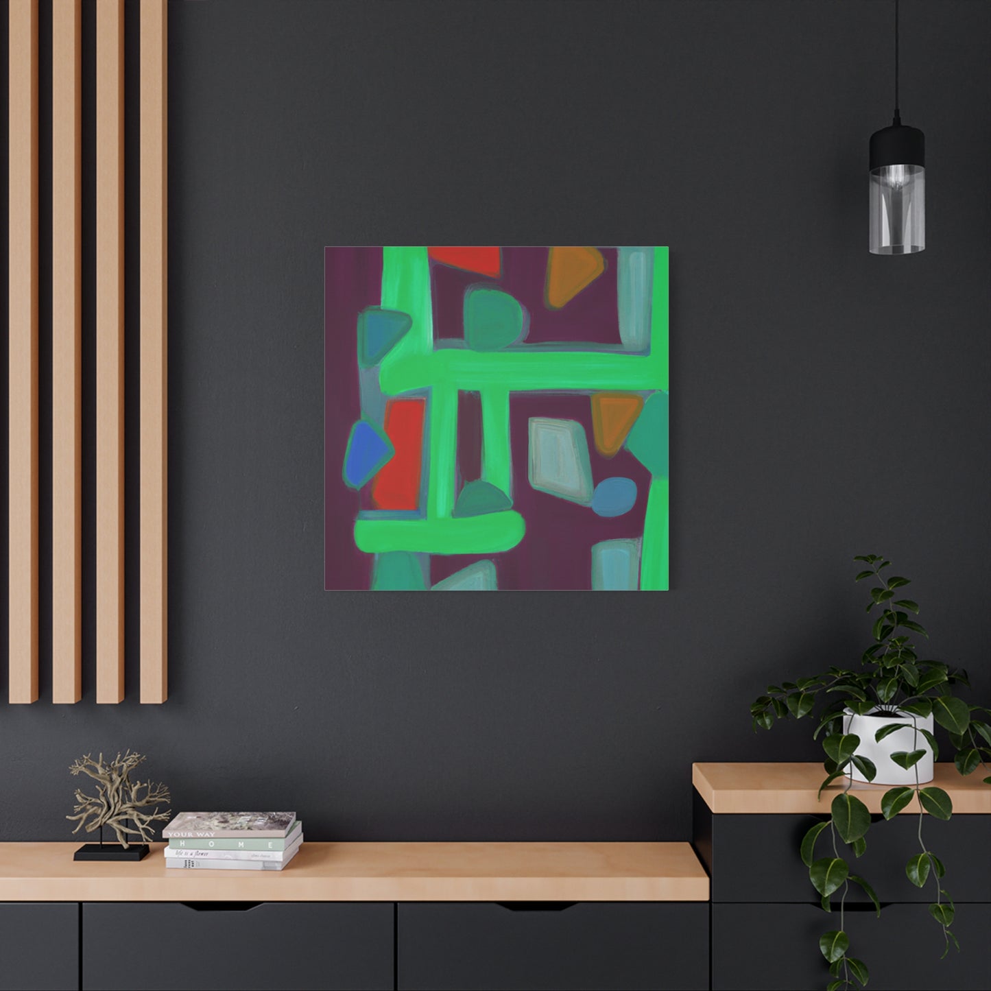 "Geometric Greenscape" - Framed Canvas Print Colourful Wall Art