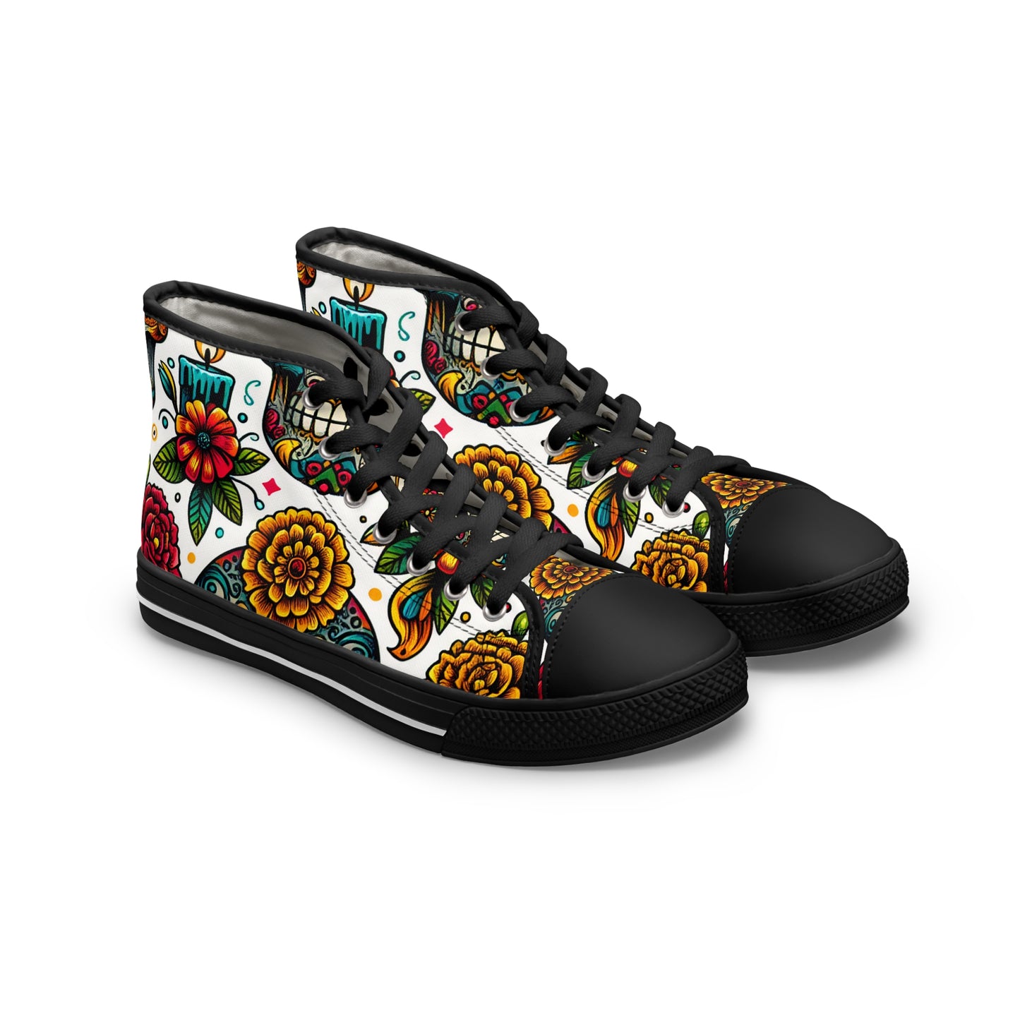 "Day of the Dead Delight High-Top Sneaker: A Vibrant Tribute to Mexican Traditions with Intricate Skull & Floral Motifs in Lively Red, Blue, Green, and - High Top Trainers Fashion Sneakers