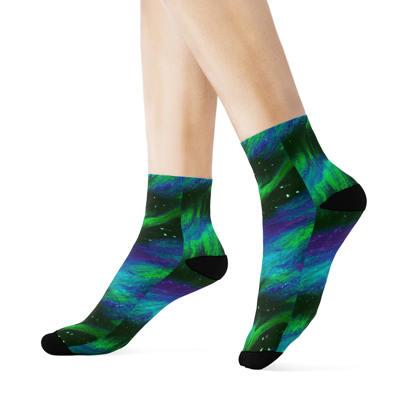 "Northern Lights Nostalgia: Emerald and Violet Arctic Crew Socks featuring Whimsical Textile Prints" - Men and Women Crew Socks Combed Athletic Sports Casual Classic