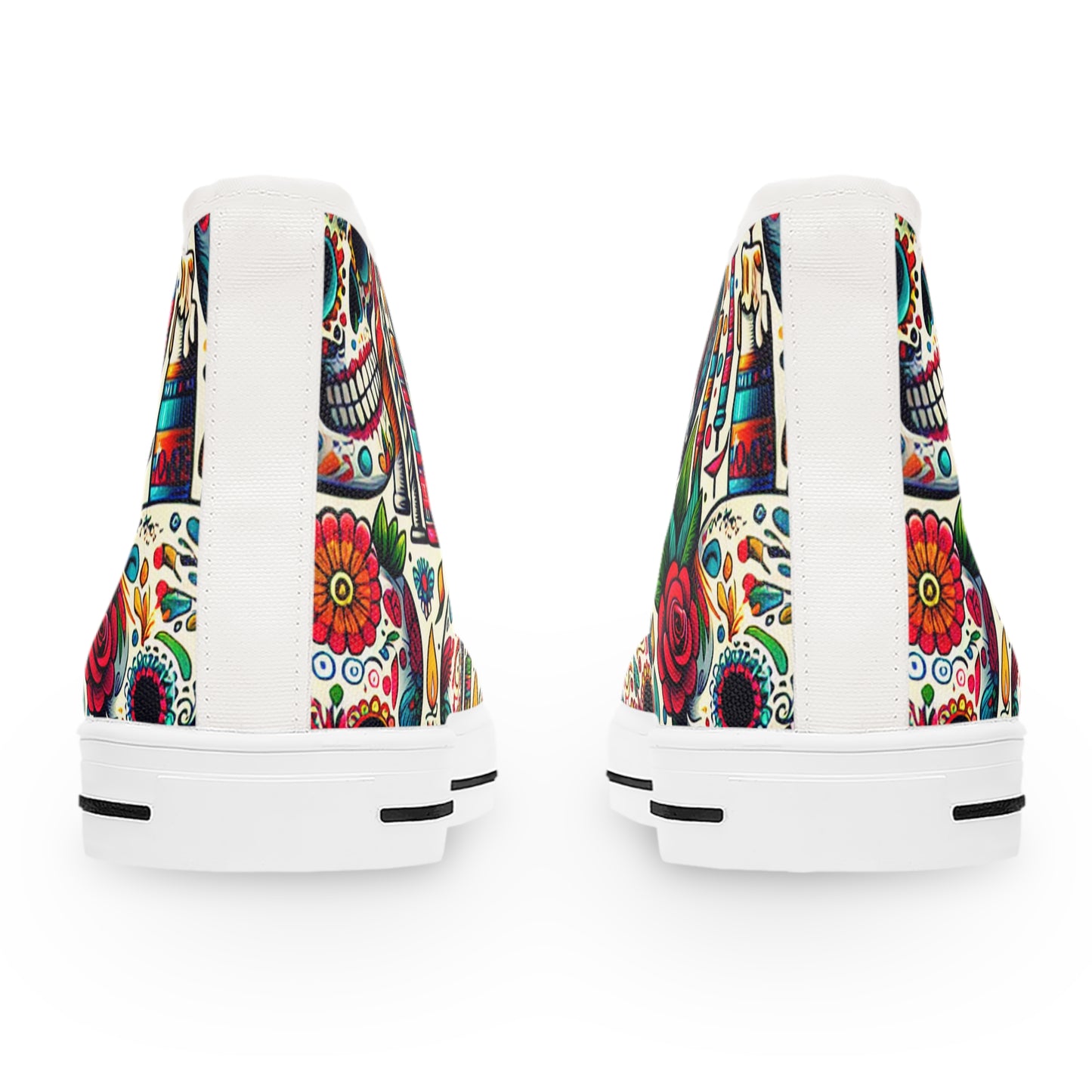 "Day of the Dead Delights: Colorful High-Top Sneakers Embellished with Vibrant Skulls and Floral Patterns"- High Top Trainers Fashion Sneakers