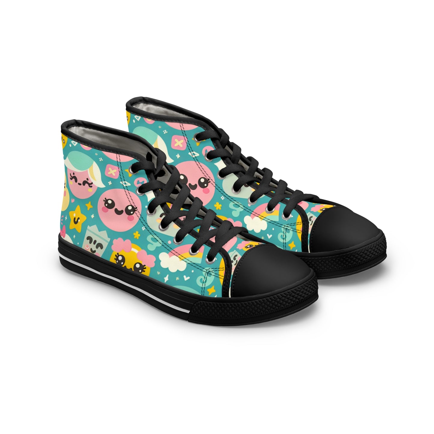 "Emoticon Couture: Whimsical High-Top Sneakers with Playful Emoji Print" - High Top Trainers Fashion Sneakers