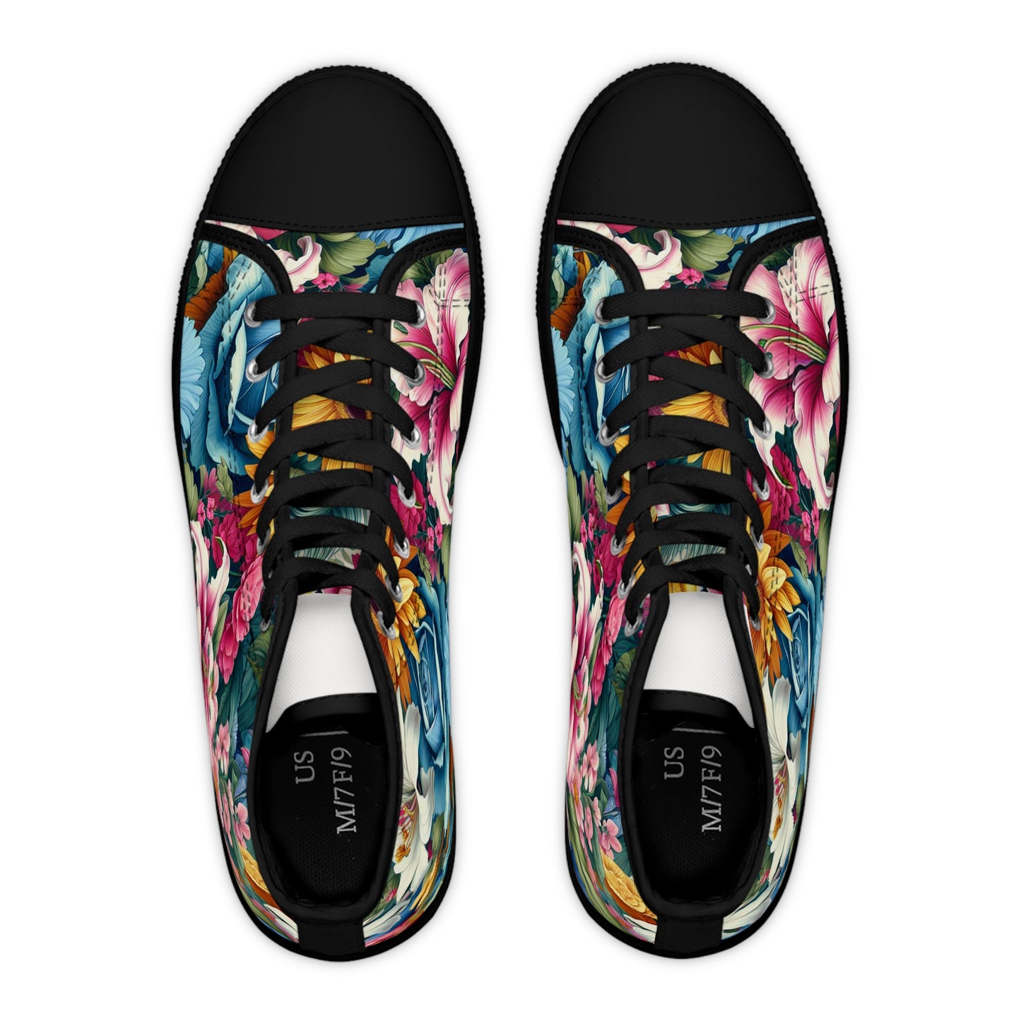 "Floral Frenzy: Vivacious High-Top Sneakers with Meticulously Detailed Flower Patterns in Vibrant Shades of Pink, Blue, Yellow, and Green - Perfect for Contemporary Text - High Top Trainers Fashion Sneakers