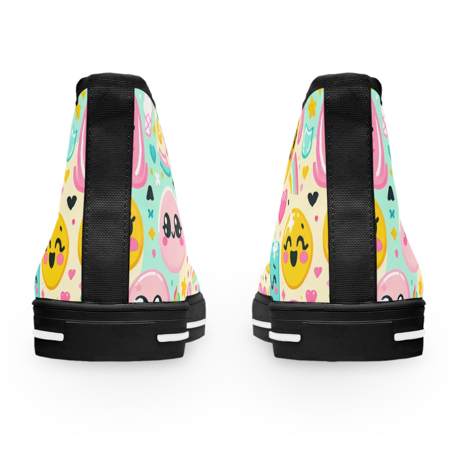 Introducing the "Emojo High-Tops" - Your Ultimate Playful and Whimsical Statement Sneakers! Featuring a Variety of Charming Cartoon Emojis with Expressions of Happiness, - High Top Trainers Fashion Sneakers