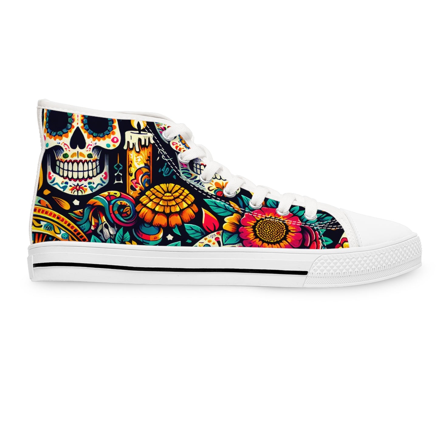 Introducing the "Fiesta Skulls" High-Top Sneaker - a celebration of vibrant Mexican art and tradition. Rock this bold and colorful footwear, inspired by the Day of the Dead festival- High Top Trainers Fashion Sneakers