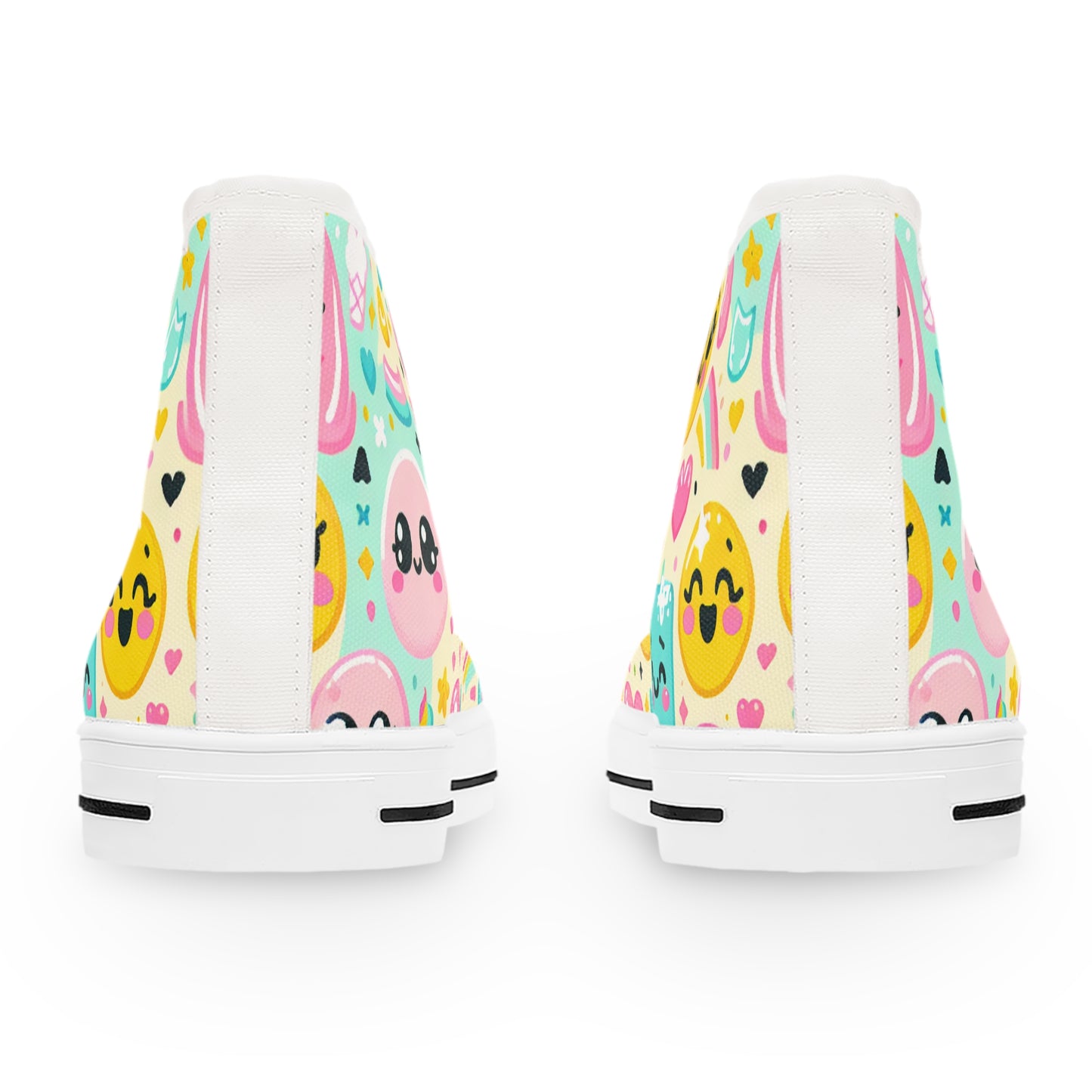 Introducing the "Emojo High-Tops" - Your Ultimate Playful and Whimsical Statement Sneakers! Featuring a Variety of Charming Cartoon Emojis with Expressions of Happiness, - High Top Trainers Fashion Sneakers