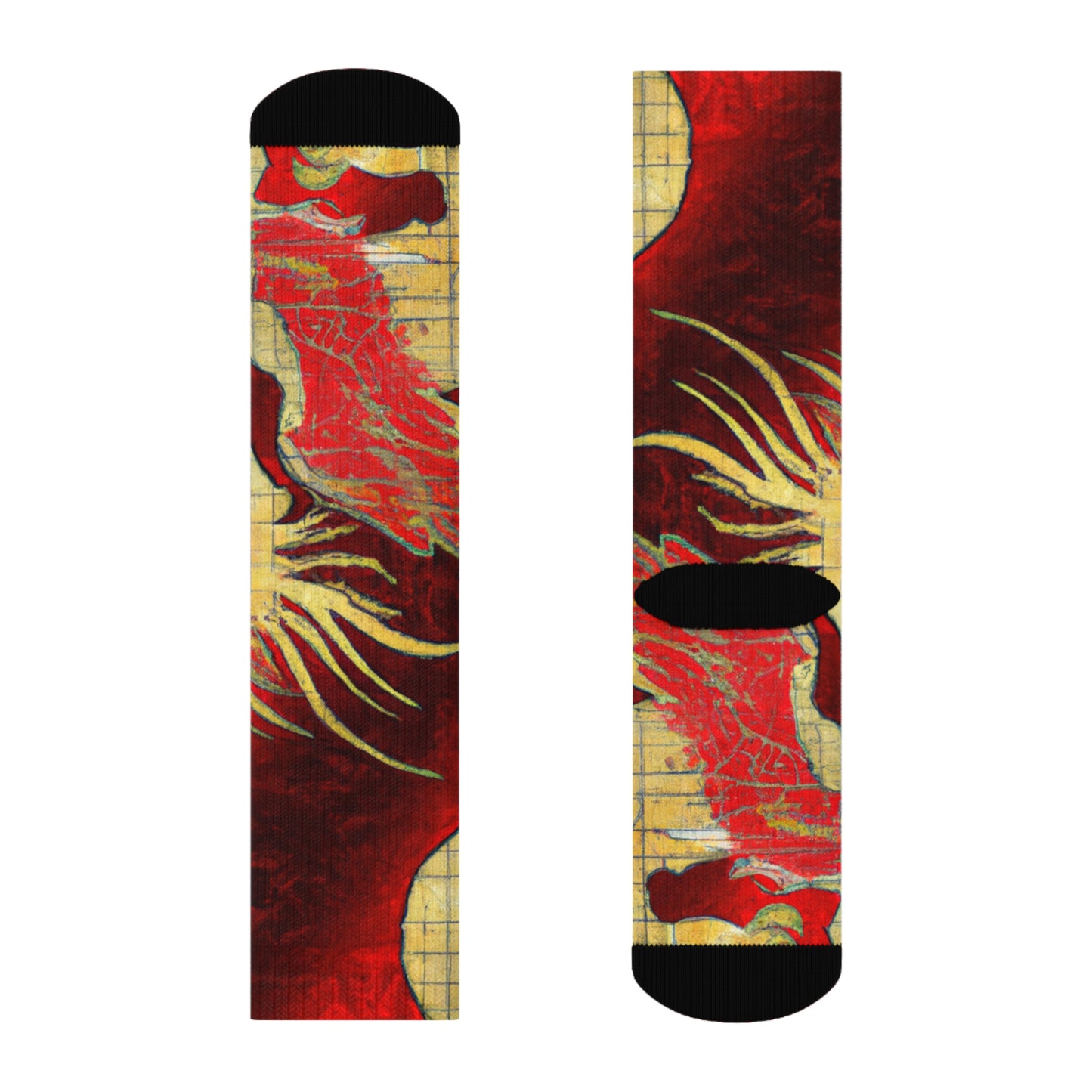 "Dragon and Phoenix Dynasty Crew Socks: A Majestic Fusion of Crimson and Gold Asian Textiles!" - Men and Women Crew Socks Combed Athletic Sports Casual Classic