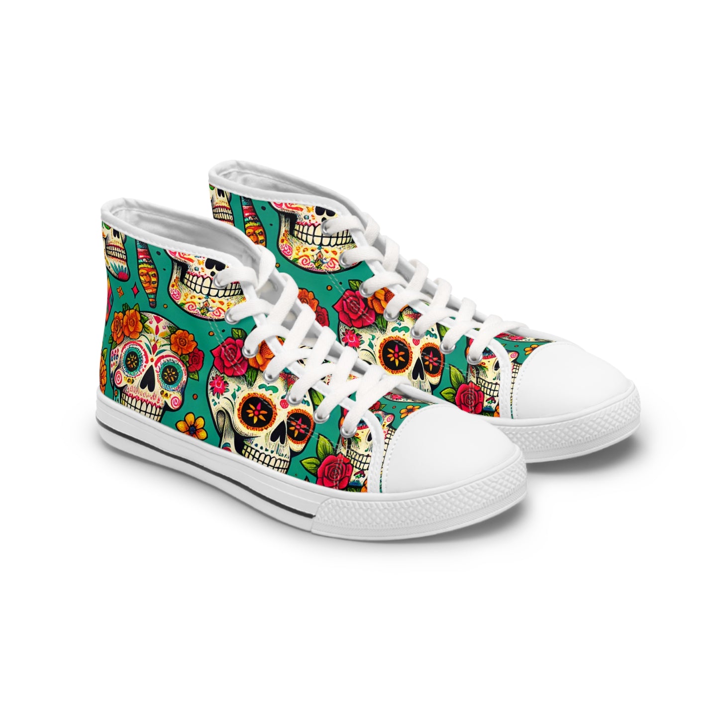 "Soleful Spirits: Celebrate Life with our Day of the Dead High-Top Sneakers! Featuring an alluring textile pattern of vibrant, decorated skulls adorned with traditional floral designs and detailed line - High Top Trainers Fashion Sneakers