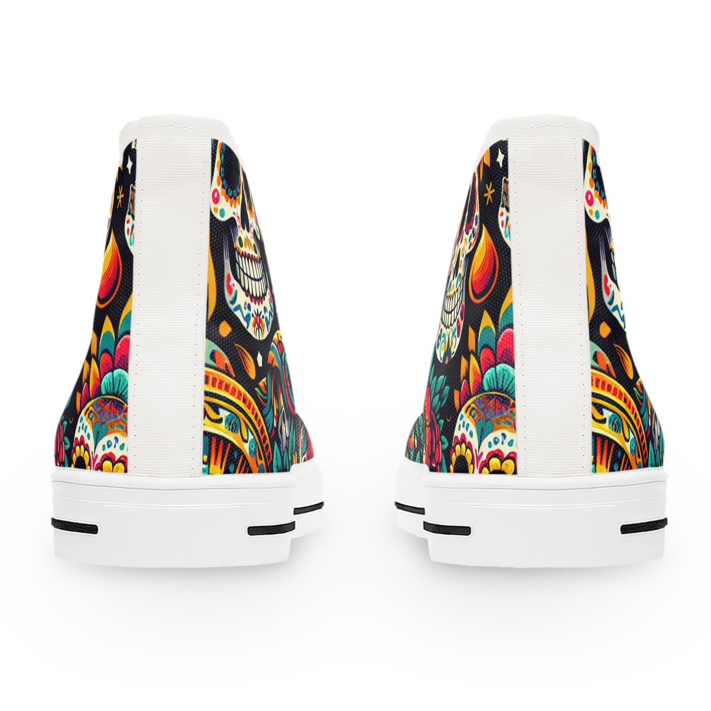 Introducing the "Fiesta Skulls" High-Top Sneaker - a celebration of vibrant Mexican art and tradition. Rock this bold and colorful footwear, inspired by the Day of the Dead festival- High Top Trainers Fashion Sneakers