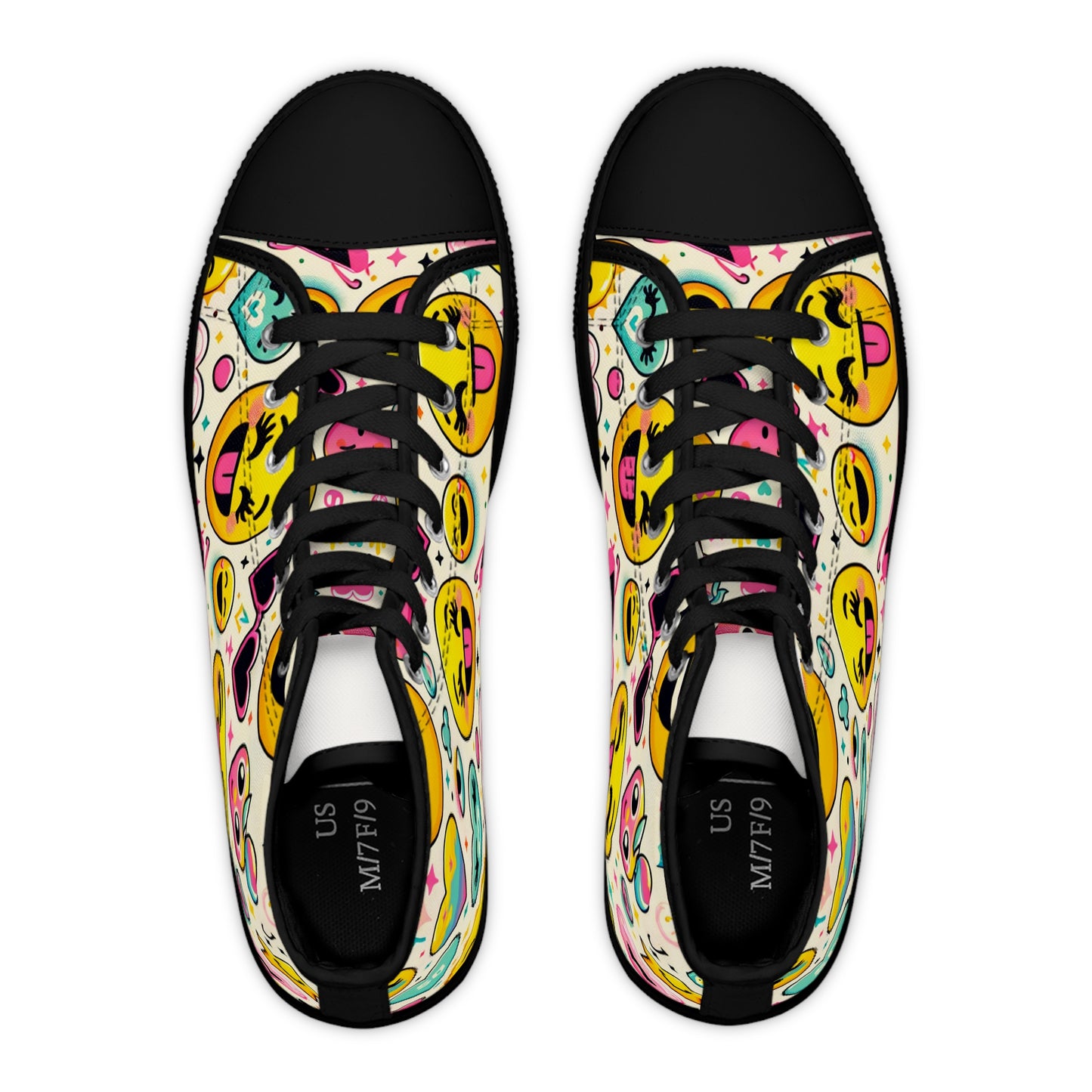 "Emojo High-Tops: Infuse your steps with joy and playfulness through vibrant emoji-inspired design! Featuring a delightful textile pattern of animated faces, hearts, stars, and rainbows - High Top Trainers Fashion Sneakers