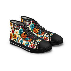 "Skull Fiesta: A Celebration of Life - High-Top Sneakers Featuring Vibrant Mexican Day of the Dead Inspired Textile Patterns and Indigenous Art Motifs"- High Top Trainers Fashion Sneakers