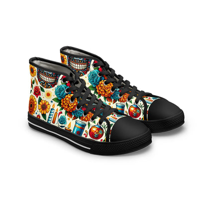 "Skull Fiesta: A Celebration of Life - High-Top Sneakers Featuring Vibrant Mexican Day of the Dead Inspired Textile Patterns and Indigenous Art Motifs"- High Top Trainers Fashion Sneakers