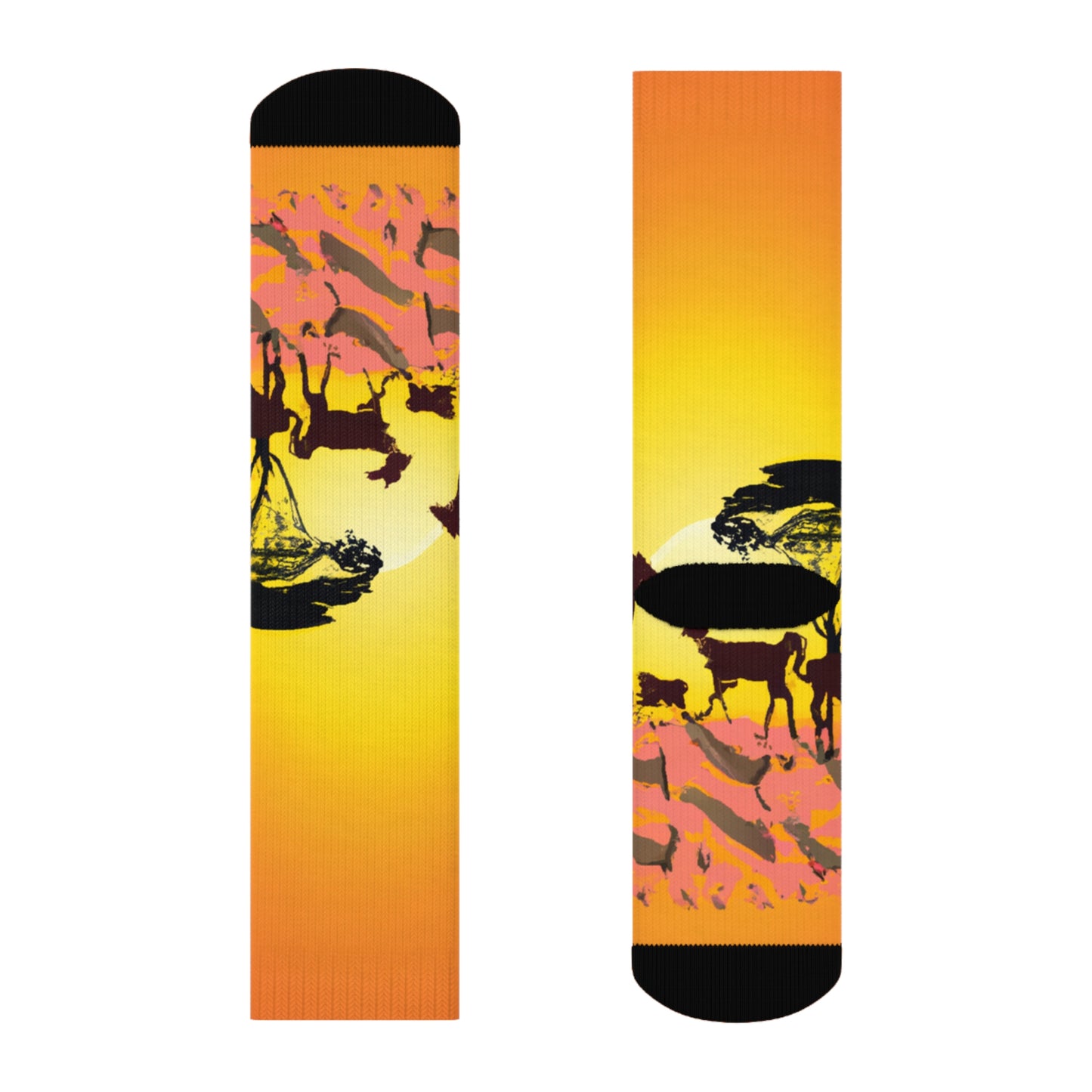 "African Sunset Safari Crew Socks: Embrace the Wild with Exotic Animal Silhouettes and Vibrant Textile Patterns!" - Men and Women Crew Socks Combed Athletic Sports Casual Classic