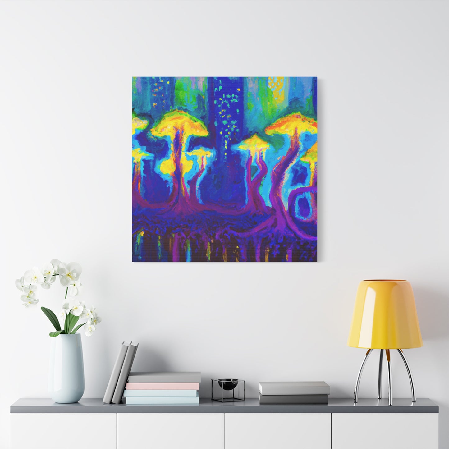 1. "Enchanted Fungi Cityscape"
2. "Luminous Urban Symphony"
3. "Melodic Wave Abstraction" - Framed Canvas Print Colourful Wall Art